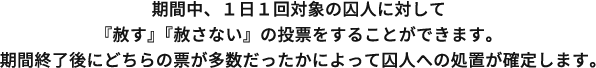 期間中、１日１回対象の囚人に対して『赦す』『赦さない』の投票をすることができます。期間終了後にどちらの票が多数だったかによって囚人への処置が確定します。